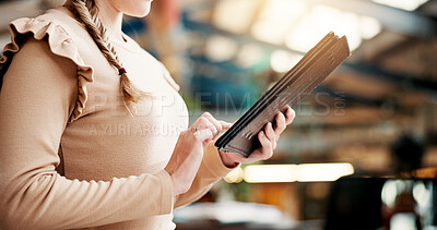Buy stock photo Scroll, college and hands of woman with tablet for online research, website and internet course. University, library and student on digital tech for education, learning and knowledge at campus