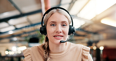 Buy stock photo Happy woman, portrait and agent with headset at call center for online communication or advice. Face, female person or friendly consultant with smile in POV for CRM or customer service at workplace