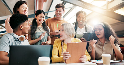 Buy stock photo Students, friends and tablet with university, excited and email with exam results, pride and celebration. Group, college and people in library, tech and feedback with scholarship and funding approval