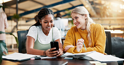 Buy stock photo Happy, people and friends with phone in library for social media, research and university feedback. Smile, students and mobile app with education schedule, learning website and studying for knowledge