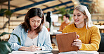 Education, teamwork and women with tablet, college and discussion for assignment, online and classroom. Knowledge, smile and studying with tech for exam, web and people with scholarship in university
