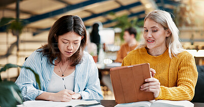 Buy stock photo Education, teamwork and women with tablet, college and discussion for assignment, online and classroom. Knowledge, smile and studying with tech for exam, web and people with scholarship in university