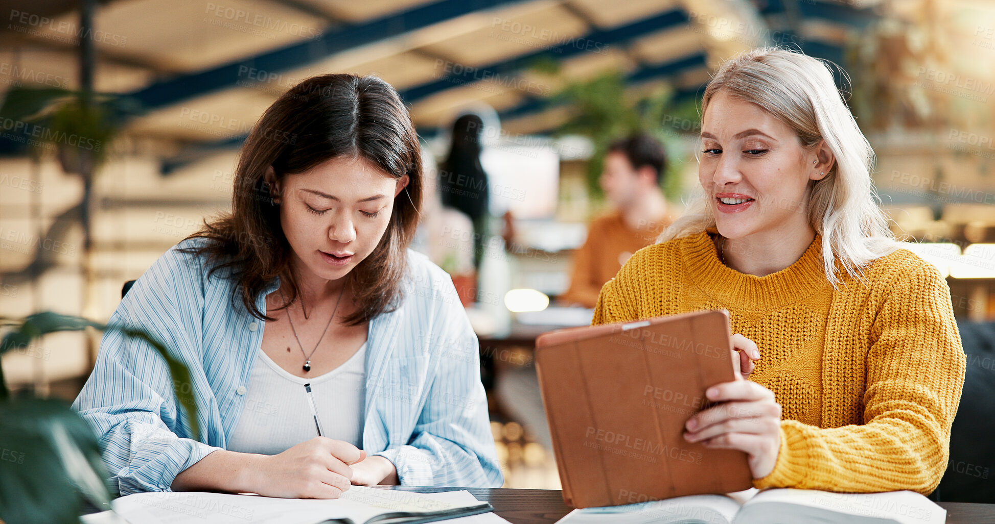 Buy stock photo Education, teamwork and women with tablet, college and discussion for assignment, online and classroom. Knowledge, smile and studying with tech for exam, web and people with scholarship in university