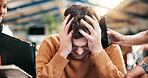 Frustrated man, headache or multitasking with project deadline or demanding employee at office. Male person, chaos or overworked with stress, anxiety or overwhelmed for colleague workload or pressure
