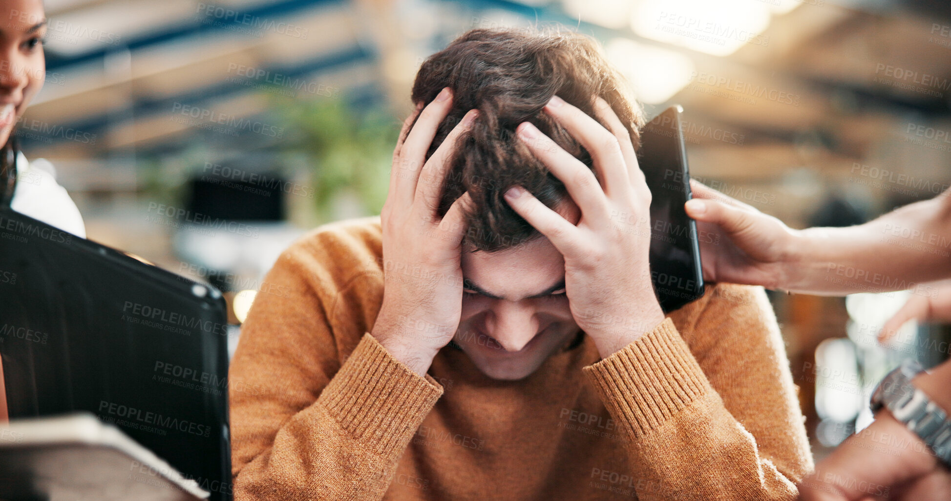 Buy stock photo Frustrated, headache and man in office with multitasking for project deadline or demanding employees. Male person, chaos or overworked with stress, anxiety or overwhelmed for workload or pressure