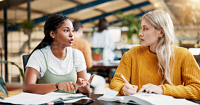 Buy stock photo College, teamwork and women in library with books, project and discussion for assignment together. Knowledge, learning and people studying with education for exam, scholarship and university test