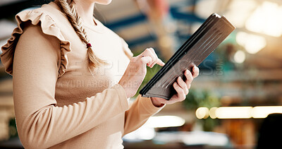 Buy stock photo Typing, college and hands of girl with tablet for online research, website and internet course. University, library and student on digital tech for education, learning and knowledge at campus