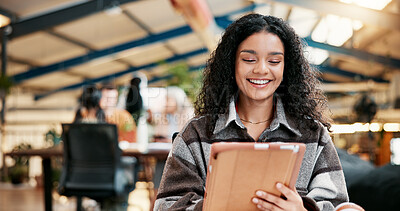 Buy stock photo College, smile or woman on tablet in library for online, project or course for assignment information. Knowledge, learning or happy student studying for education, academy research or university test