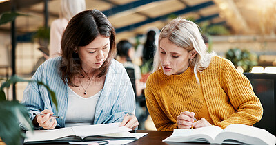 Buy stock photo College, teamwork and women in library reading book, project and assignment for help or support. Knowledge, learning and students studying with education for exam, scholarship and university test