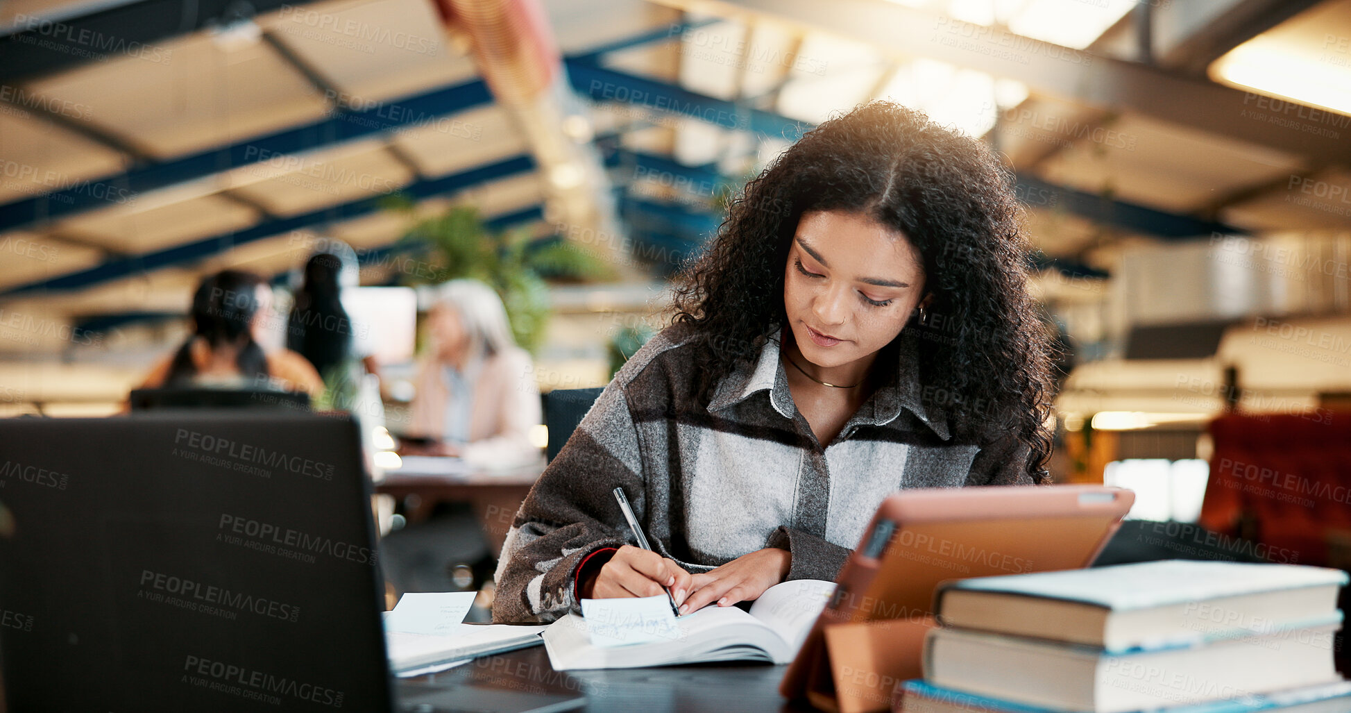 Buy stock photo Education, writing notes and girl in college for knowledge, assignment project or learning. Book, woman and student studying for exam research, test preparation or scholarship in university with tech