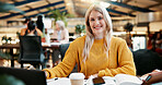 Books, portrait and student woman in library of college campus for learning or study. Education, scholarship and tablet with happy person at university for assignment, development or research