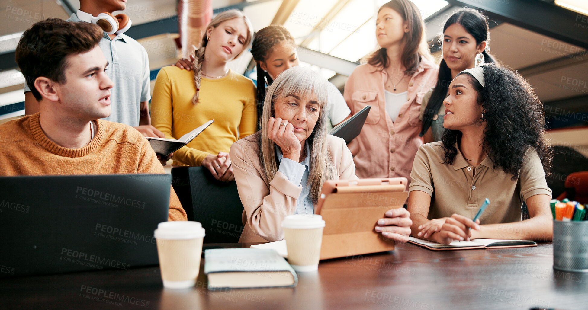 Buy stock photo Sad people, meeting and bad news with tablet for mistake, project fail or disapproval at office. Group, creative designers or frustrated employees with technology for debt, loss or company rejection