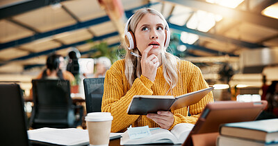 Buy stock photo University, thinking or woman in library with books, project or course for assignment or planning. Headphones, learning or girl studying with education for exam, problem solving ideas or college test