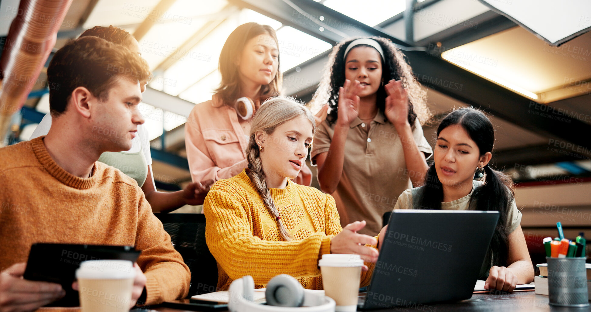 Buy stock photo Students, education and group on laptop in university for brainstorming, idea and learning. Technology, people and team in college together for creative research project, studying and exam discussion