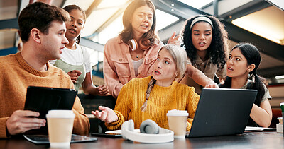 Buy stock photo Students, education and brainstorming on laptop in university for quiz, knowledge and learning. Technology, people and team in college for creative research project, studying and exam discussion