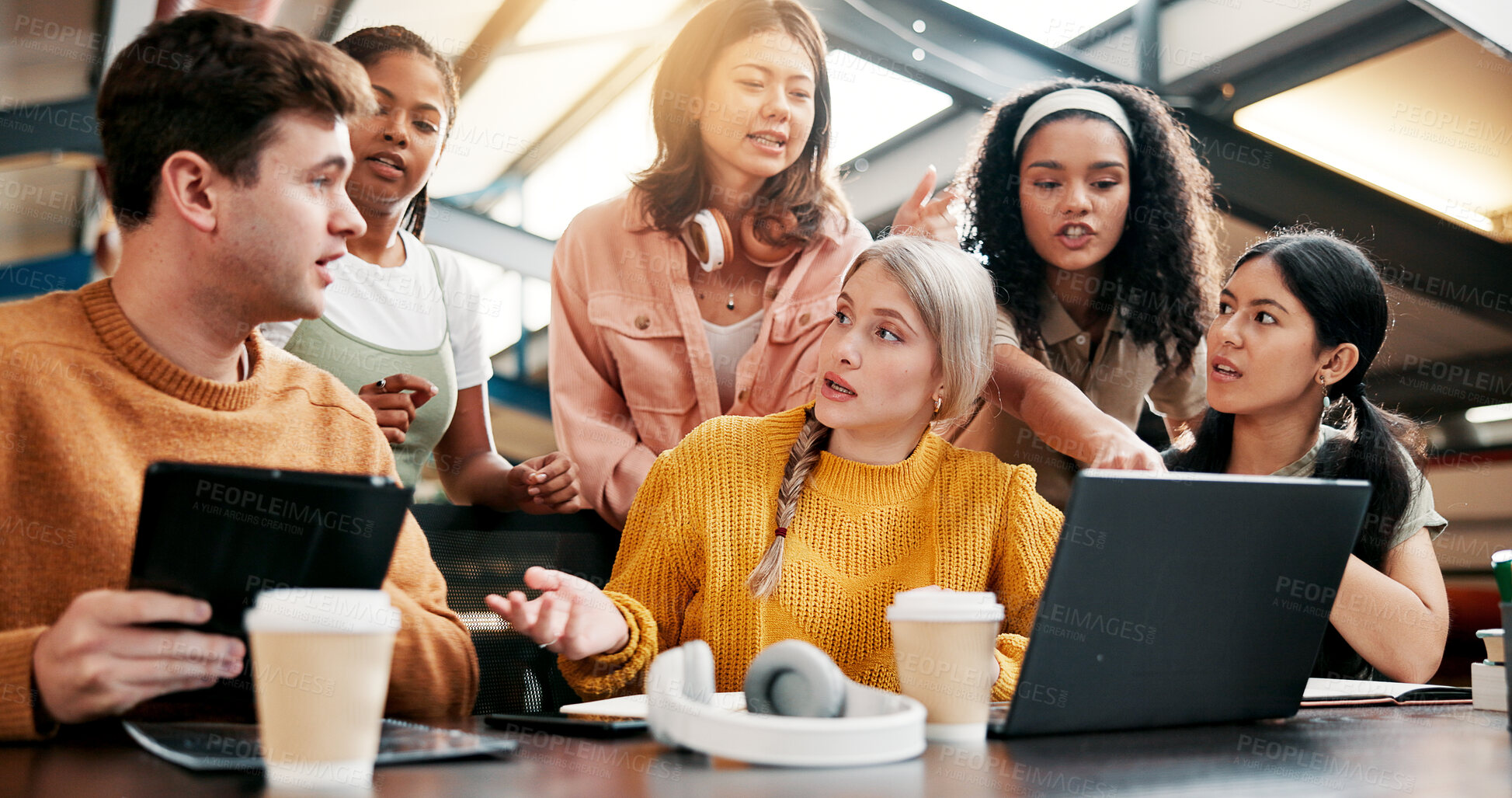 Buy stock photo Students, education and brainstorming on laptop in university for quiz, knowledge and learning. Technology, people and team in college for creative research project, studying and exam discussion