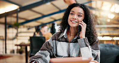 Buy stock photo Phone call, smile and business woman in office for communication, client update and design briefing. Contact, networking and connection with person in creative startup for entrepreneur and chat