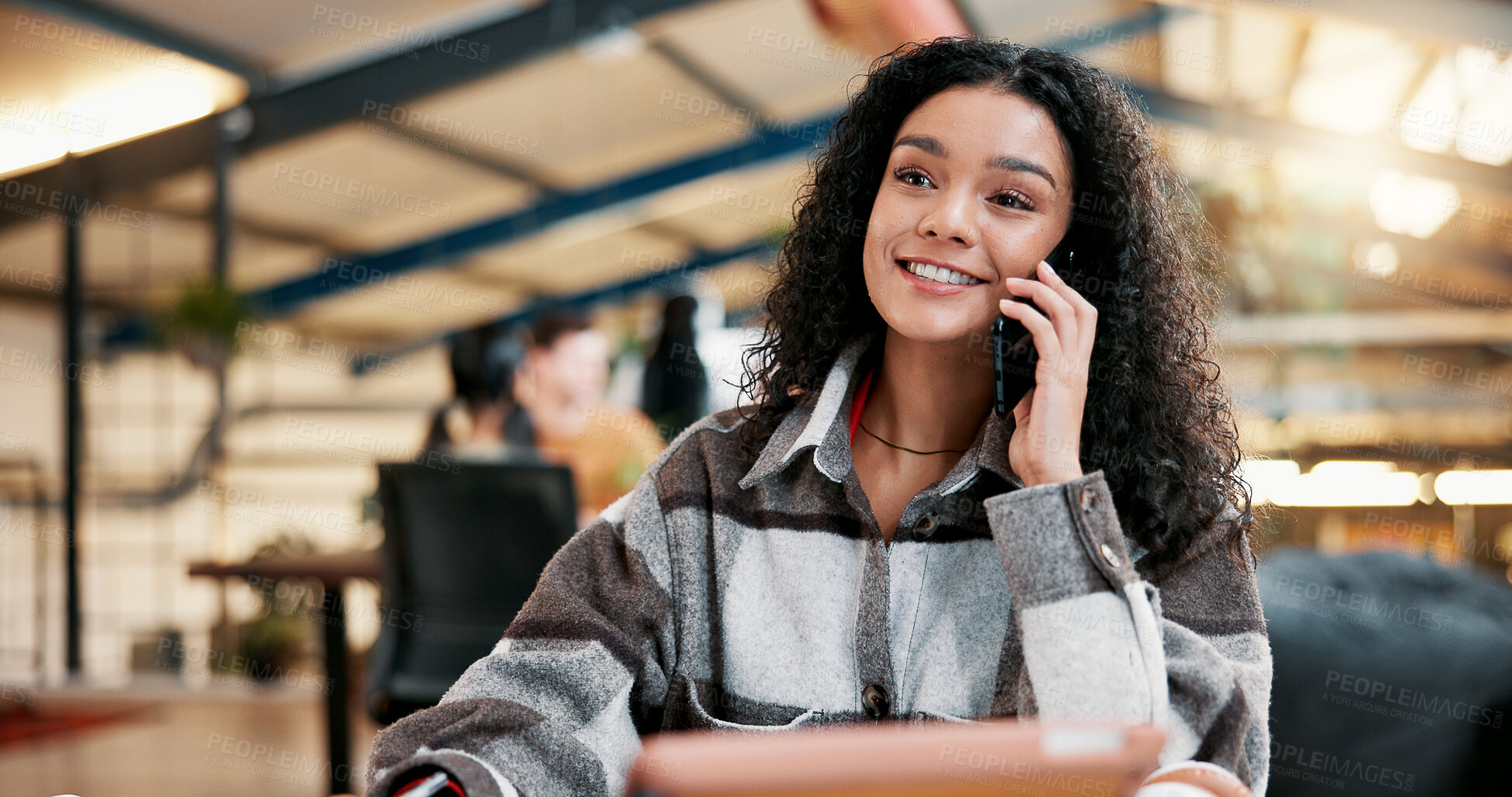 Buy stock photo Phone call, smile and business woman in office for communication, client update and design briefing. Contact, networking and connection with person in creative startup for entrepreneur and chat