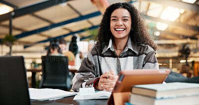 Buy stock photo Education, portrait and student woman in library of college campus for learning or study. Books, scholarship and tablet with happy person at university for assignment, development or research