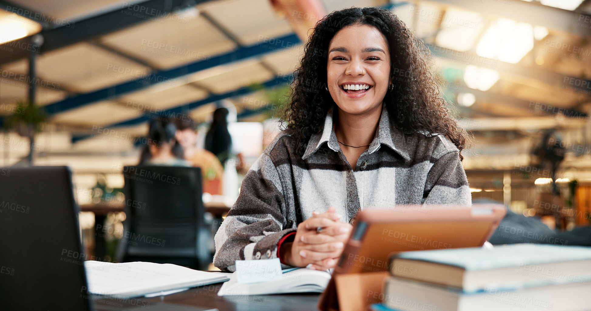 Buy stock photo Education, portrait and student woman in library of college campus for learning or study. Books, scholarship and tablet with happy person at university for assignment, development or research