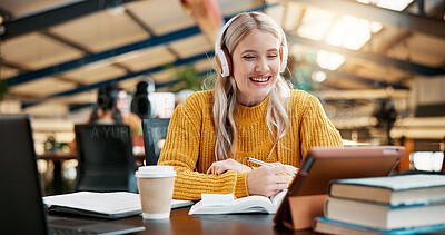 Buy stock photo Headphones, tablet and woman study in library for reading textbook, knowledge or college research. Music, university and happy student elearning, education or watch online class for test preparation