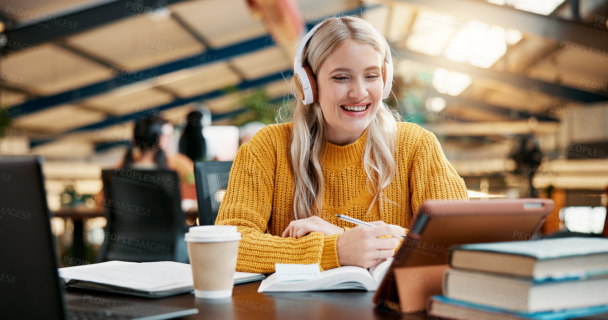 Buy stock photo Headphones, tablet and woman study in library for reading textbook, knowledge or college research. Music, university and happy student elearning, education or watch online class for test preparation
