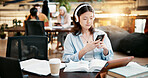 Student, smartphone and woman in library, headphones and sound with studying podcast. Streaming music, university and person with headset, cellphone and education with app for radio, song and audio