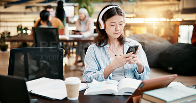 Buy stock photo Student, smartphone and woman in library, headphones and sound with studying podcast. Streaming music, university and person with headset, cellphone and education with app for radio, song and audio