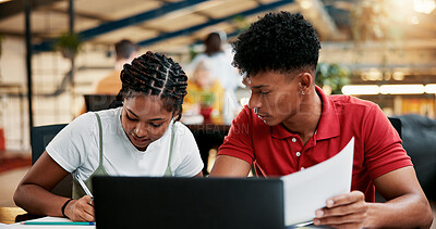 Buy stock photo Students, college and team learning for writing notes, help and education with laptop. Computer, people and friends in university for creative research project, study or exam discussion with document