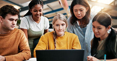 Buy stock photo College, teamwork and students in library with laptop, project or research for assignment together. Knowledge, learning and people studying with education for exam, scholarship or university test