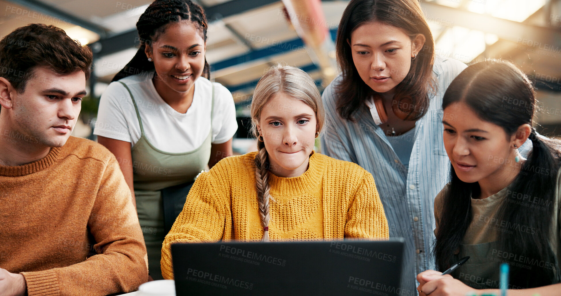 Buy stock photo College, teamwork and students in library with laptop, project or research for assignment together. Knowledge, learning and people studying with education for exam, scholarship or university test