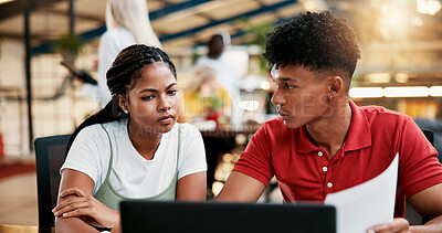 Buy stock photo Students, college and friends learning with laptop for help, problem solving or education. Computer, people or team in university for creative research project, study or exam discussion with document