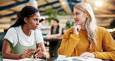 Buy stock photo College, teamwork and girls in library with books, project and discussion for assignment information. Knowledge, learning and women studying with education for exam, scholarship and university test