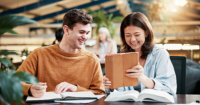 Buy stock photo Happy people, students and research with tablet for studying, knowledge or team assignment at campus. Man, woman or academic friends laughing with smile, technology or humor for funny group project