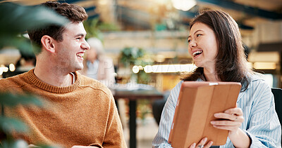 Buy stock photo Happy, man and woman with tablet, university and studying with info on website, knowledge and laughing. Online, students and people with tech for assignment, learning and funny joke for friends