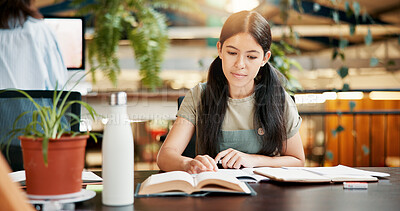 Buy stock photo Library, reading book and woman learning in university for knowledge, assignment research and thesis. Textbook, college and student studying for exam, education and test preparation for scholarship