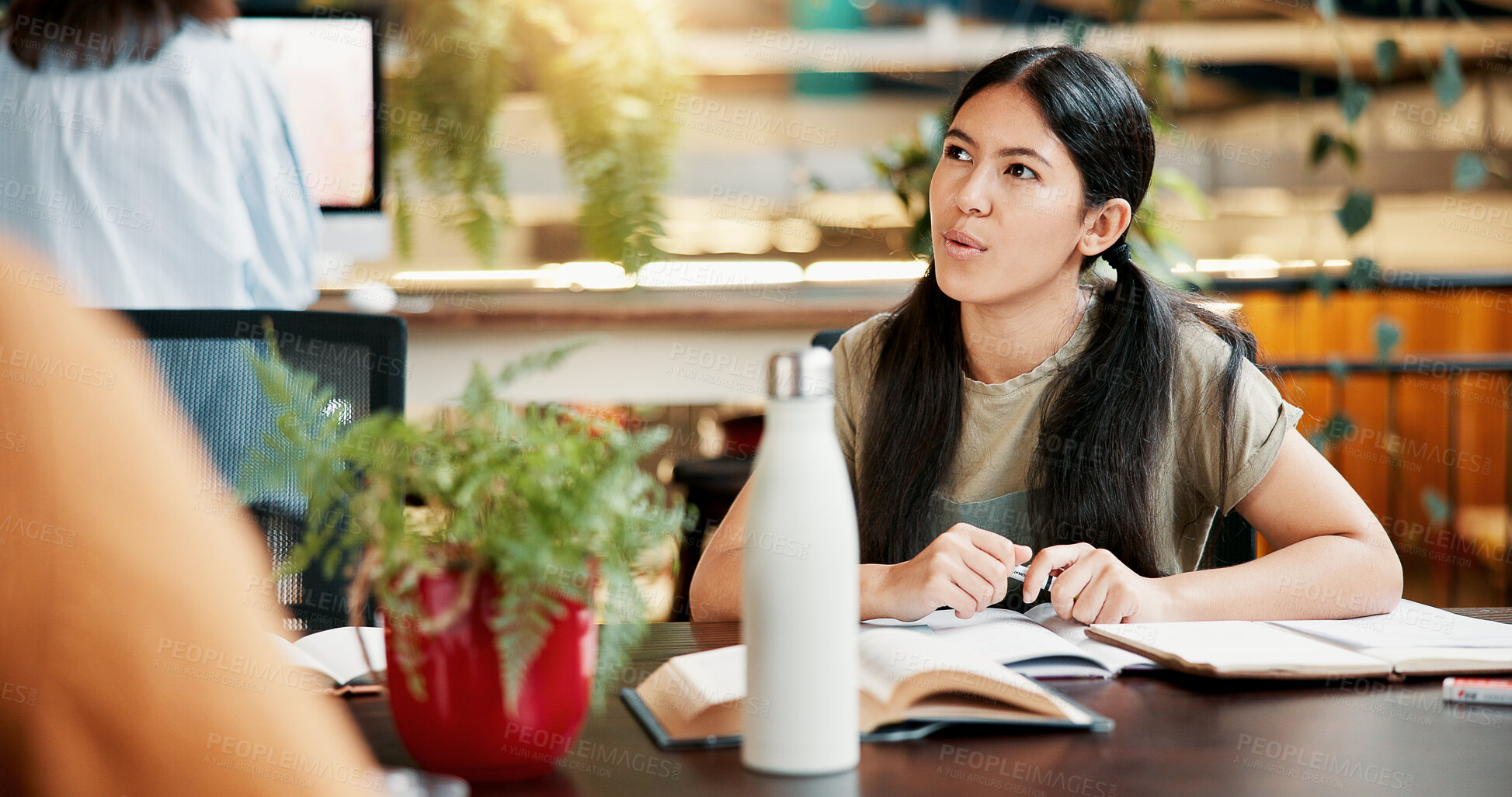 Buy stock photo College, thinking and girl in library with books, project and discussion for assignment and course. Knowledge, learning and woman studying with education for exam, problem solving and university test