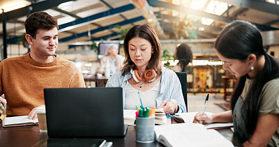 Buy stock photo Team, college and laptop for education in library, learning and brainstorming for thesis. Computer, people and group in university for research project on textbook, studying or students writing notes