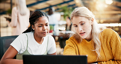 Buy stock photo Education, students and team with laptop, studying and discussion for assignment in classroom or online. Knowledge, digital and women with tech for exam, web and people with scholarship in university