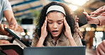 Frustrated woman, headache and multitasking with project deadline or demanding employees at office. Female person, chaos or overworked with stress, anxiety or overwhelmed tasks for workload pressure