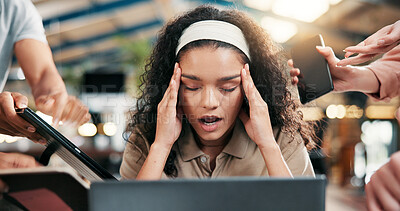 Buy stock photo Frustrated woman, headache and multitasking with project deadline or demanding employees at office. Female person, chaos or overworked with stress, anxiety or overwhelmed tasks for workload pressure