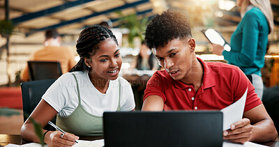 Buy stock photo Students, laptop and team learning in college for writing notes, help and education. Computer, people and friends in university for creative research project, study or exam discussion with document