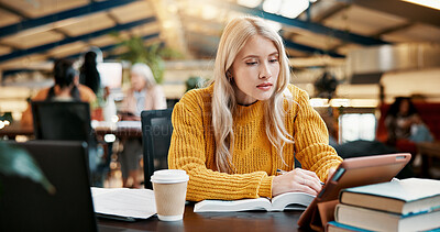 Buy stock photo College, tablet or woman in library reading online, project or course for assignment information. Knowledge, learning or student studying with education for exam, academy research or university test