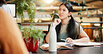 College, thinking or woman in library with books, project or course for assignment or planning. Knowledge, learning or girl studying with education for exam, problem solving ideas or university test