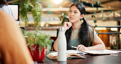 Buy stock photo College, thinking or woman in library with books, project or course for assignment or planning. Knowledge, learning or girl studying with education for exam, problem solving ideas or university test