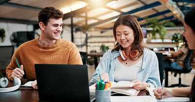 Buy stock photo Education, students and group with laptop, studying and discussion for assignment, smile and classroom. Knowledge, man and women with tech for exam, teamwork and people with scholarship in university