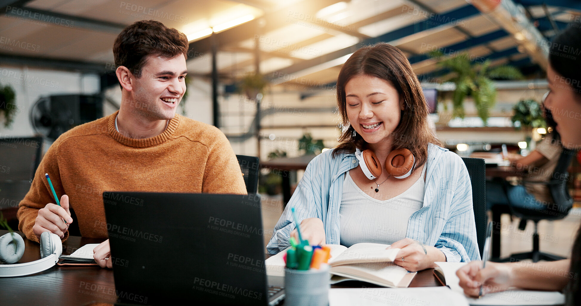 Buy stock photo Education, students and group with laptop, studying and discussion for assignment, smile and classroom. Knowledge, man and women with tech for exam, teamwork and people with scholarship in university