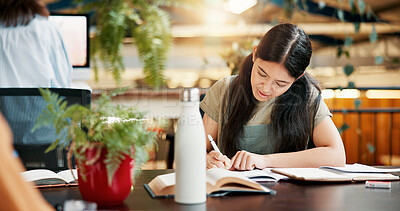 Buy stock photo Library, writing notes and woman learning in university for knowledge, assignment research or thesis. Book, college and serious student study for exam, education or test preparation for scholarship