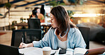 Library, education and woman writing notes for assignment, research project or thesis in university. Book, college and serious student study for exam, learning or test preparation for scholarship