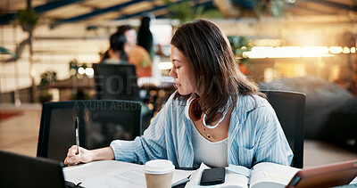 Buy stock photo Library, education and woman writing notes for assignment, research project or thesis in university. Book, college and serious student study for exam, learning or test preparation for scholarship